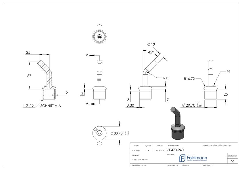 Rohrabschlussstopfen mit Stift 135°, für Rohr 33,7x2,0mm, V2A