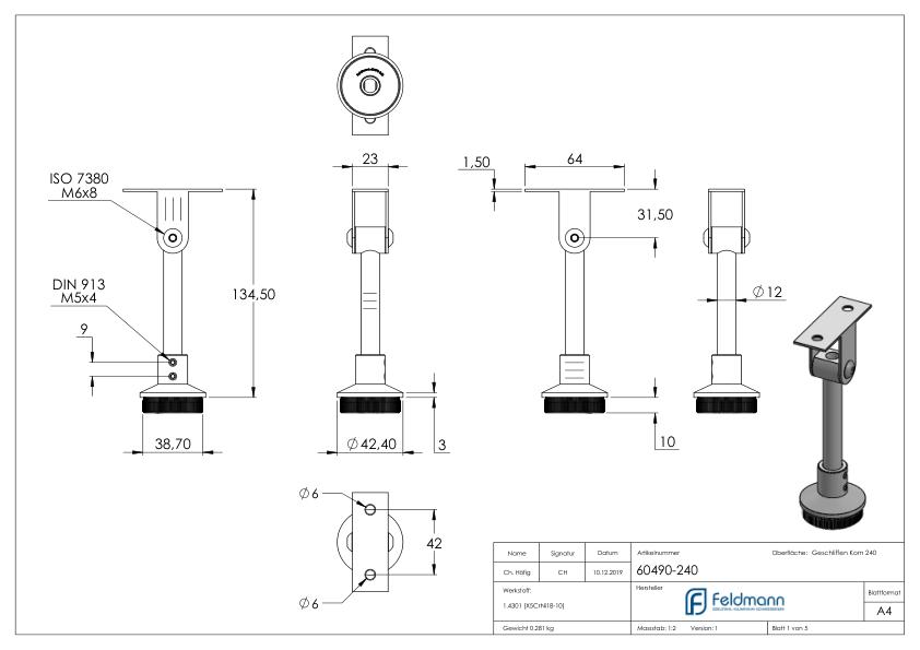 Rohrabschlussstopfen mit Stift für LED Handlauf, V2A