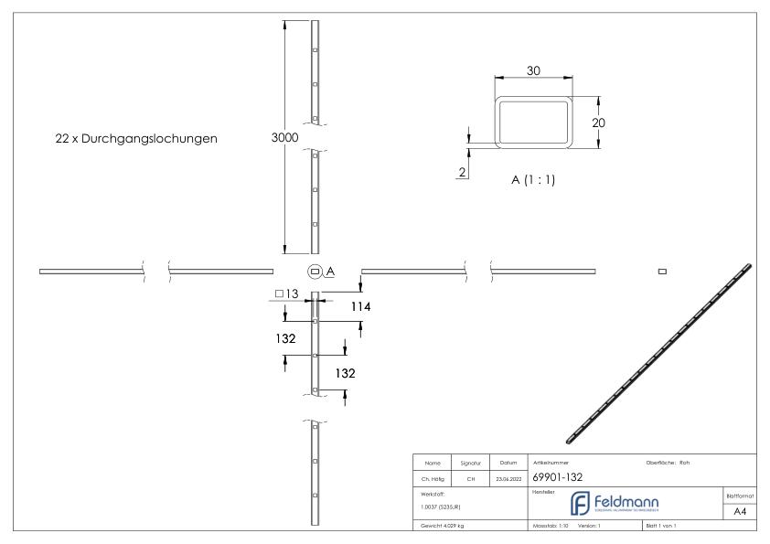 Rechteckrohr S235JR, 30x20x2mm, Löcher f. Vierkant 12x12mm mit Abstand Mitte-Mitte 132mm, L: 3000mm