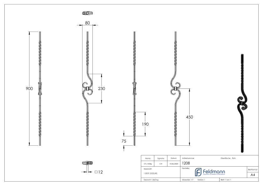 Zierstab 12x12mm, gerillt, H: 900mm