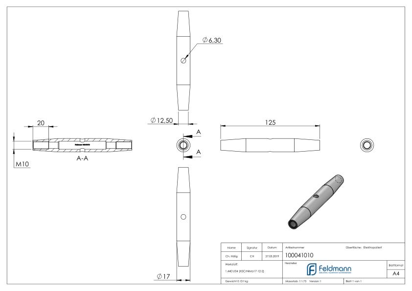 Wantenspanner mit Links- und Rechtsgewinde M10,V4A
