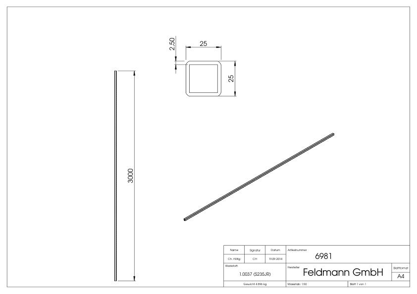 Quadratrohr 25x25x2,5mm, L: 3000mm, gehämmert