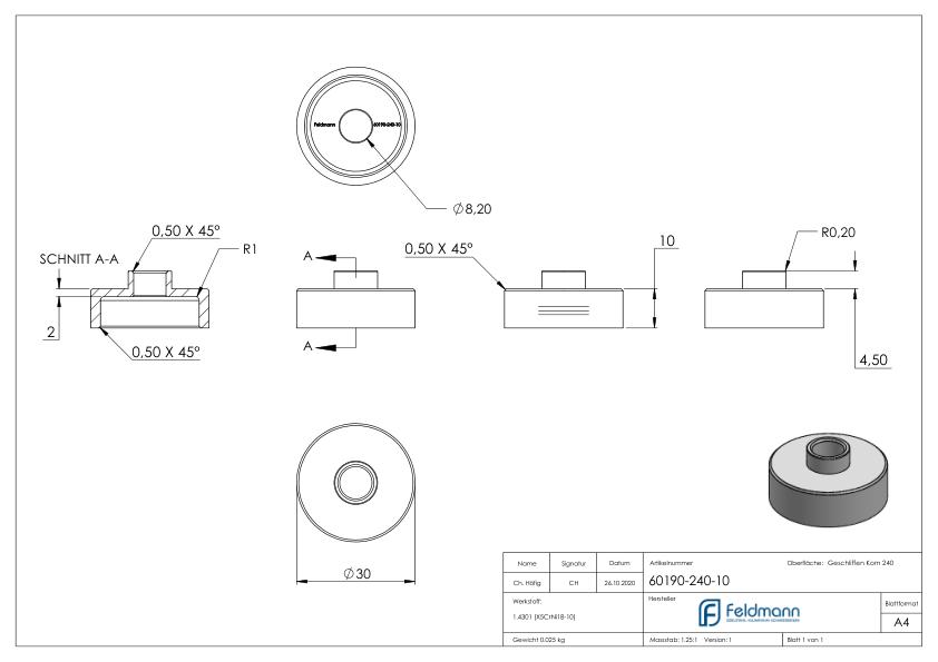 Unterteil Ø 30mm, mit Durchgangsbohrung , T: 10mm, V2A Unterteil Ø 30mm, mit Durchgangsbohrung , T: 10mm, V2A