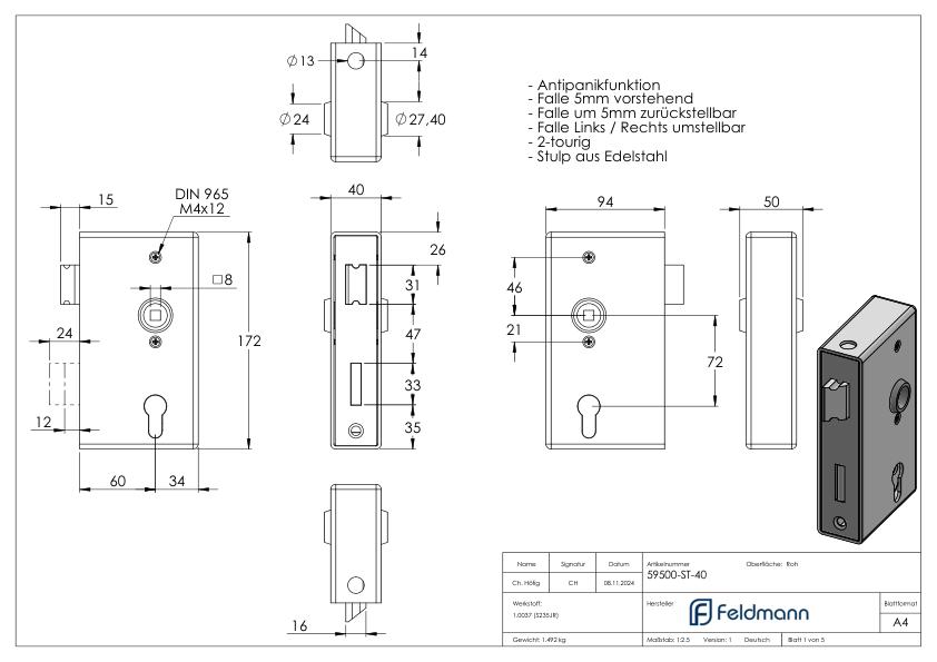 Anti-Panikschloss mit Schlosskasten 40 x 94 x 172mm, mit Wechselfunktion E, DIN R & L Anti-Panikschloss mit Schlosskasten 40 x 94 x 172mm, mit Wechselfunktion E, DIN R & L