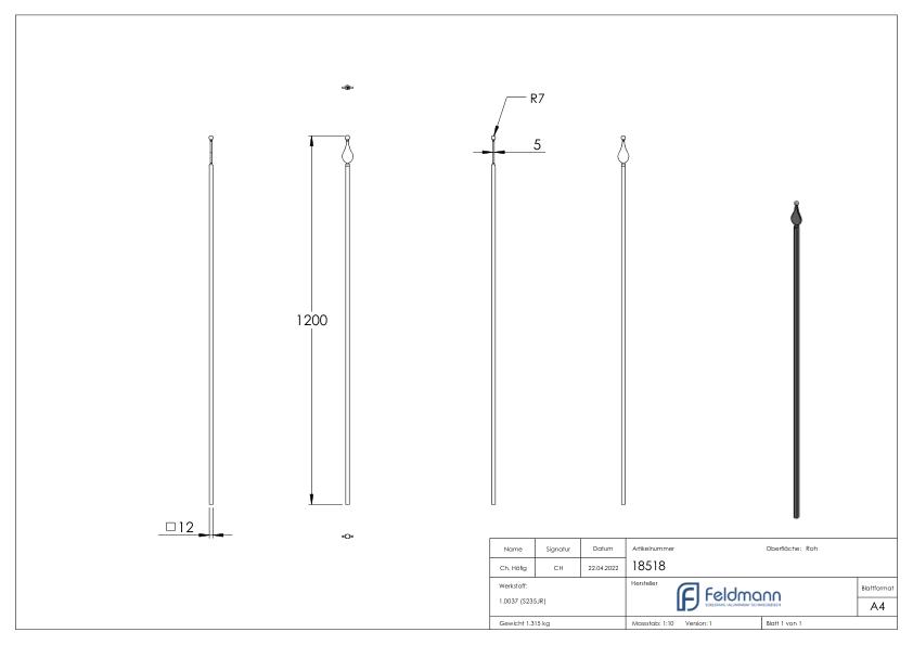 Zaunstab 12x12mm, H: 1200mm, Spitze und Kugel