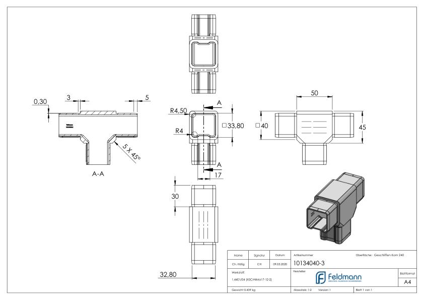 T-Verbinder für Rohr 40x40x3,00mm, V4A
