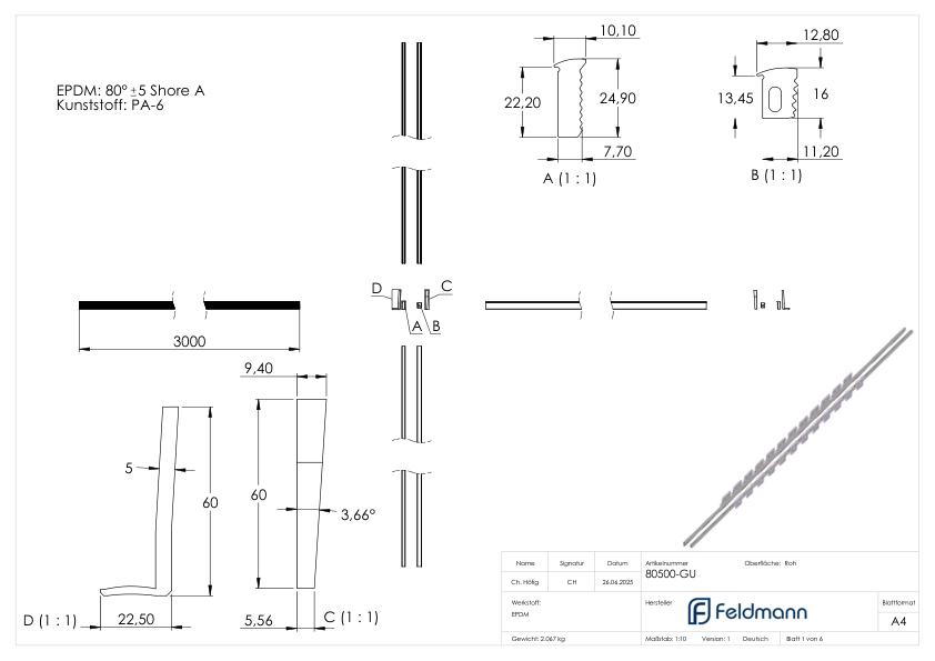 Montageset für 3m Aluprofil für Glas 12,76 - 13,52mm