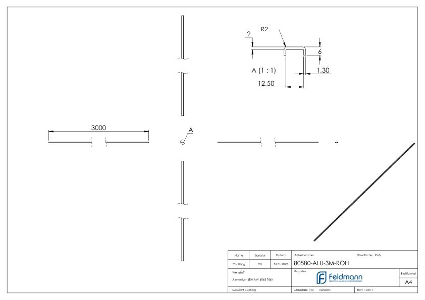Kantenschutz EXTRA SLIM, für Glas 10,00 - 11,52mm, L: 3000mm, Aluminium roh