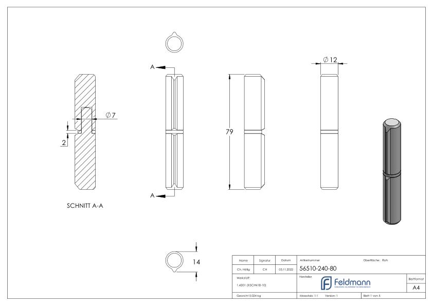 Anschweißband, L: 80mm, mit festem Stift, V2A