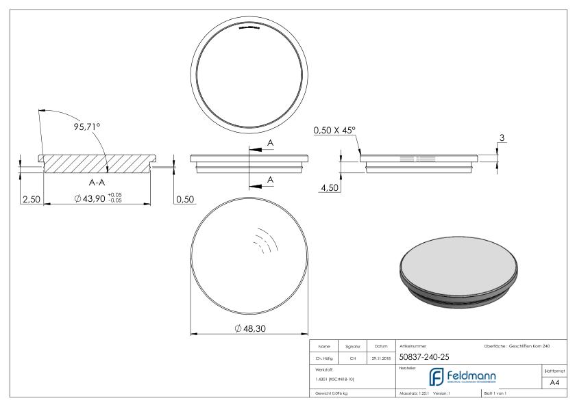 Rohrabschlussstopfen, für Rohr 48,3x2,5mm, V2A