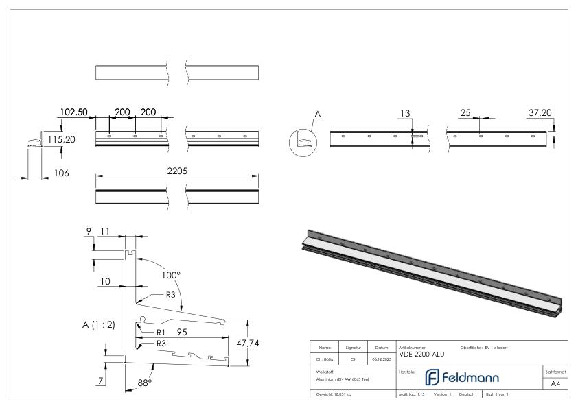Vordachprofil eleganza canopy, L: 2205mm, E4/EV1 Vordachprofil eleganza canopy, L: 2205mm, E4/EV1