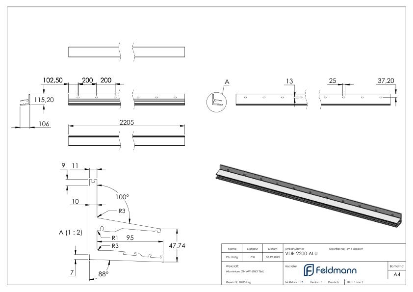 Vordachprofil eleganza canopy, L: 2205mm, E4/EV1