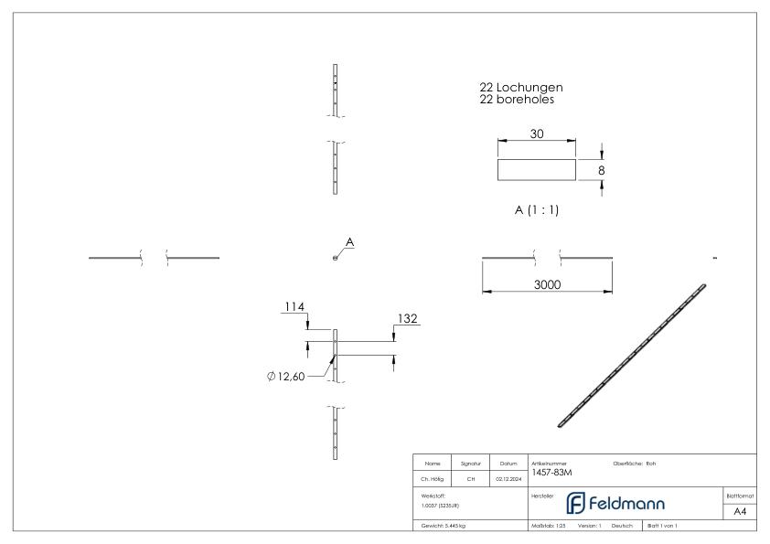 Lochleiste 30x8mm, für Stab Ø 12mm, Lochabstand 132mm, Länge 3m