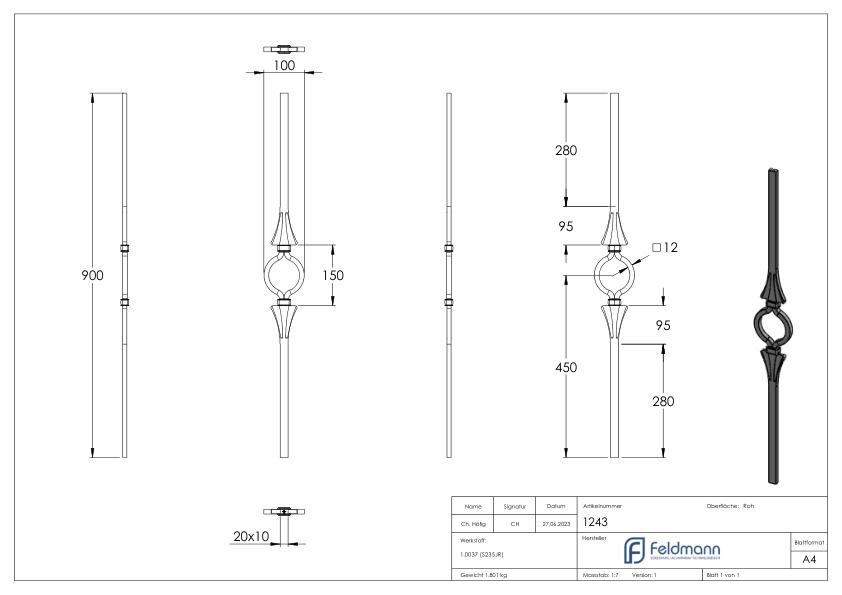 Zierstab 20x12mm, gehämmert, H: 1000mm