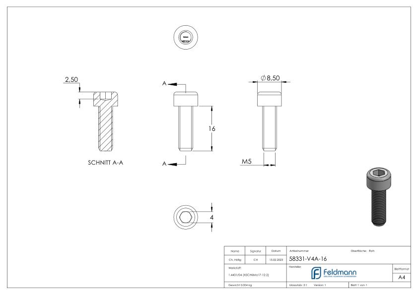 Zylinderkopfschraube M5 x 16, A4, DIN 912