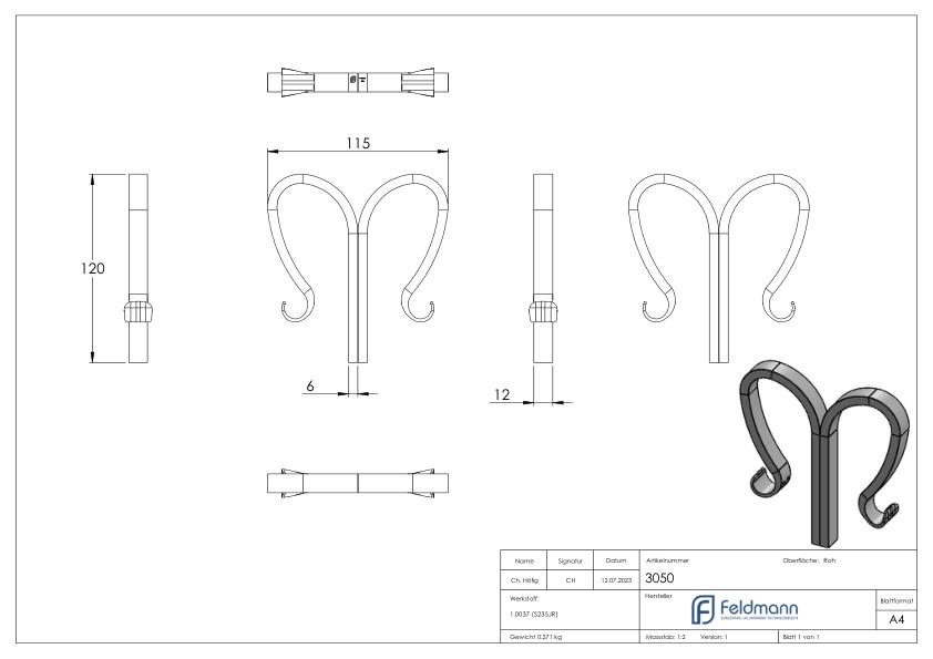 Zierelement, Ansatz 2x 12x6mm, HxB: 120x115mm