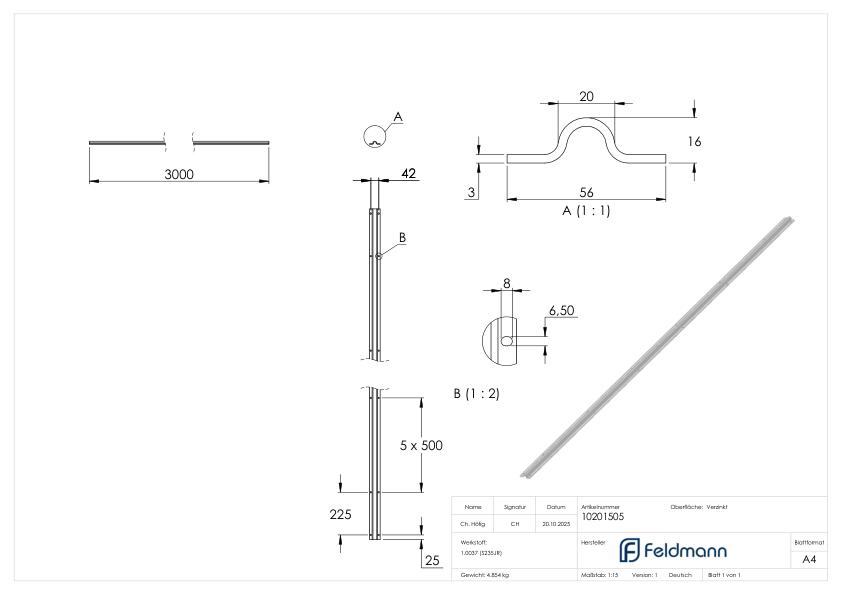 Laufschiene 20mm, L: 3000mm zum Aufschrauben