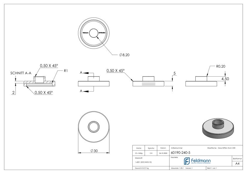 Unterteil Ø 30mm, mit Durchgangsbohrung , t: 5mm, V2A