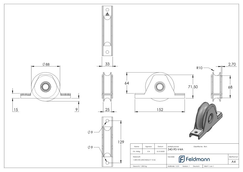 Schiebetorrolle Ø 90mm mit Rundrille Ø 20mm, V4A