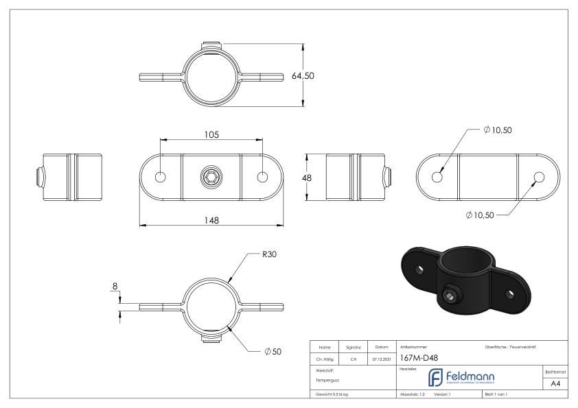 Halter mit 2 Laschen, 180°, für Rohr Ø 48,3mm