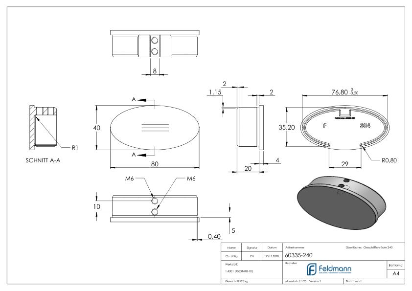 Endkappe, flach, für Oval-Nutrohr, V2A Endkappe, flach, für Oval-Nutrohr, V2A