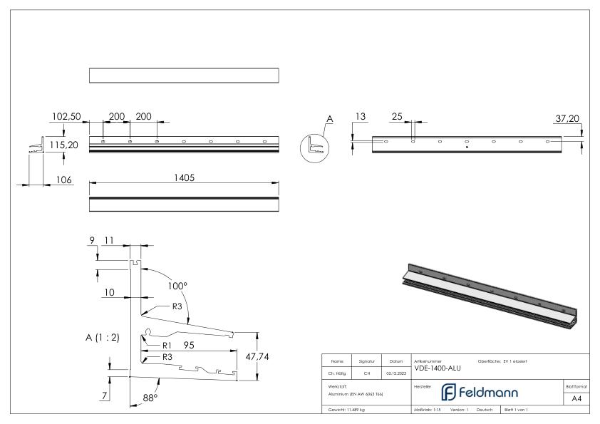 Vordachprofil eleganza canopy, L: 1405mm, E4/EV1 Vordachprofil eleganza canopy, L: 1405mm, E4/EV1