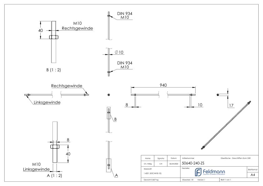 Zugstange zu Vordachsystem mit L: 940mm, V2A