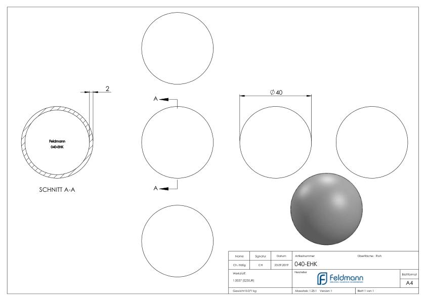 Eisenhohlkugel Ø 40x2,0mm