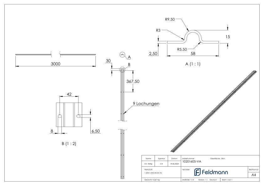 Laufschiene zum Aufschrauben, L: 3000mm, V2A