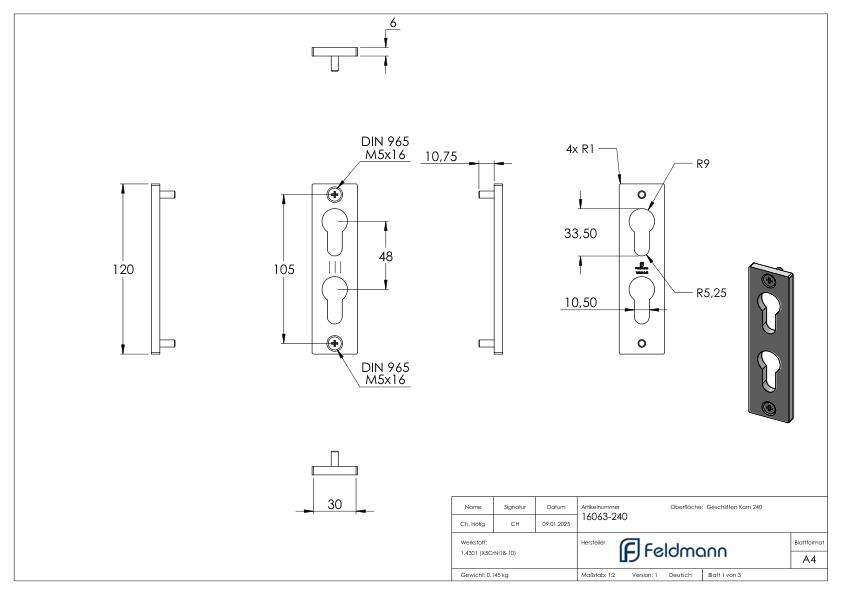 Zylinderrosette für zwei Profilzylinder, 32x120x6mm, V2A Zylinderrosette für zwei Profilzylinder, 32x120x6mm, V2A