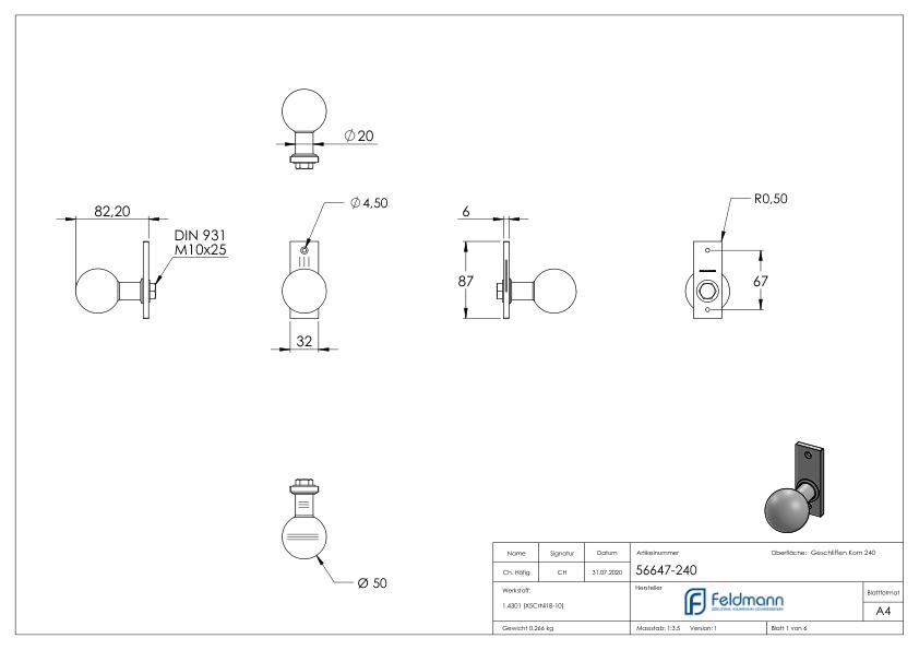 Türknopf, Ø 50mm, mit Kurzschild, V2A Türknopf, Ø 50mm, mit Kurzschild, V2A