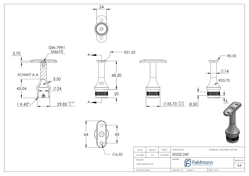 Rohrabschlussstopfen für Rohr 33,7x2,0mm, Handlaufanschlussplatte: 42,4mm, V2A