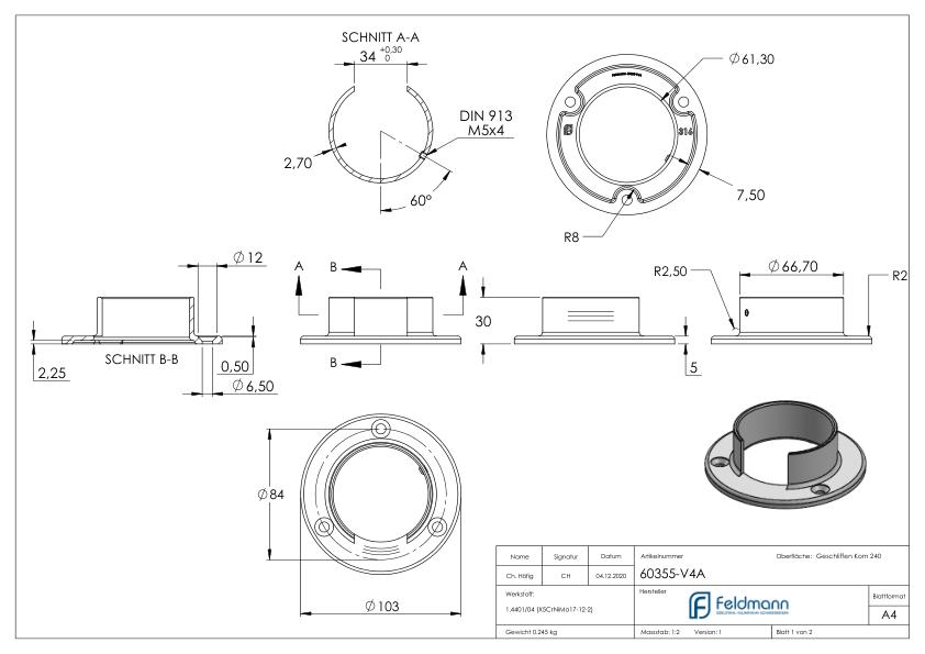 Wandbefestigung für Nutrohr 60,3x1,5mm, V4A