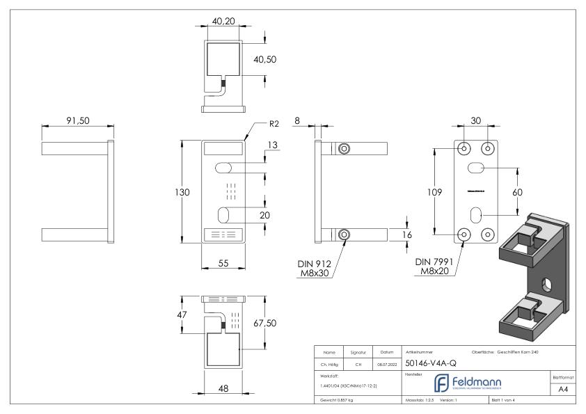 Wandbefestigung für Pfosten 40x40mm, V4A