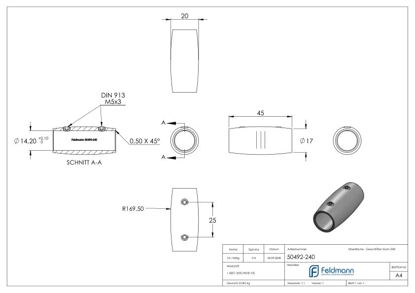 Stabverbinder für 14mm Rund, L: 45mm, Ø 20mm, V2A