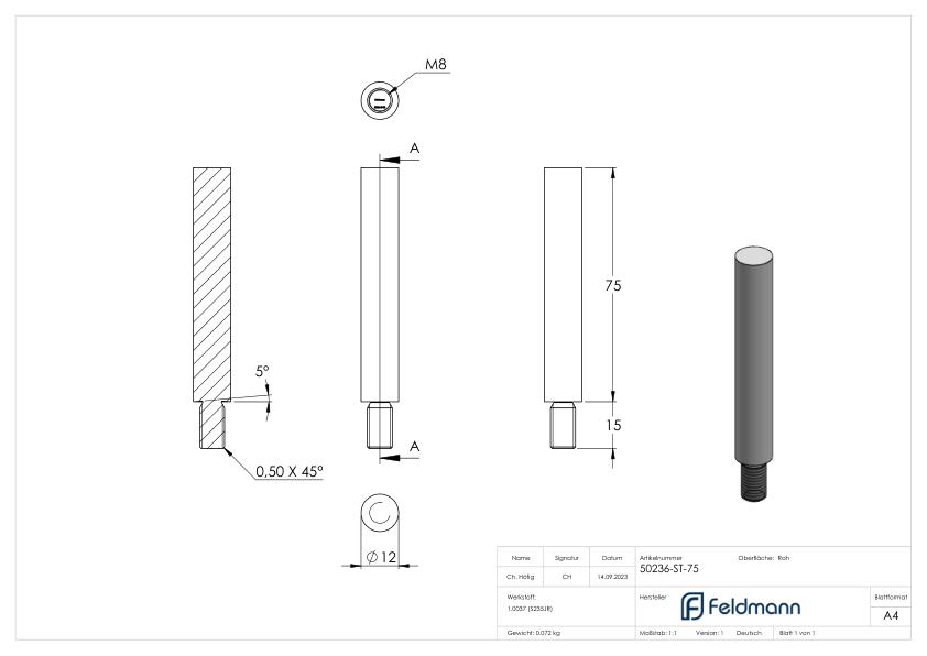 Stift 12mm, L: 75mm