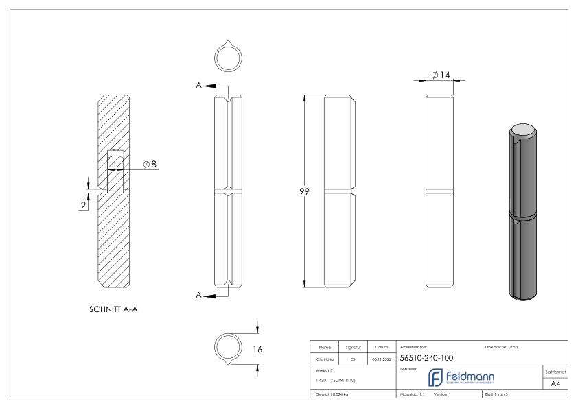 Anschweißband, L: 100mm, mit festem Stift, V2A