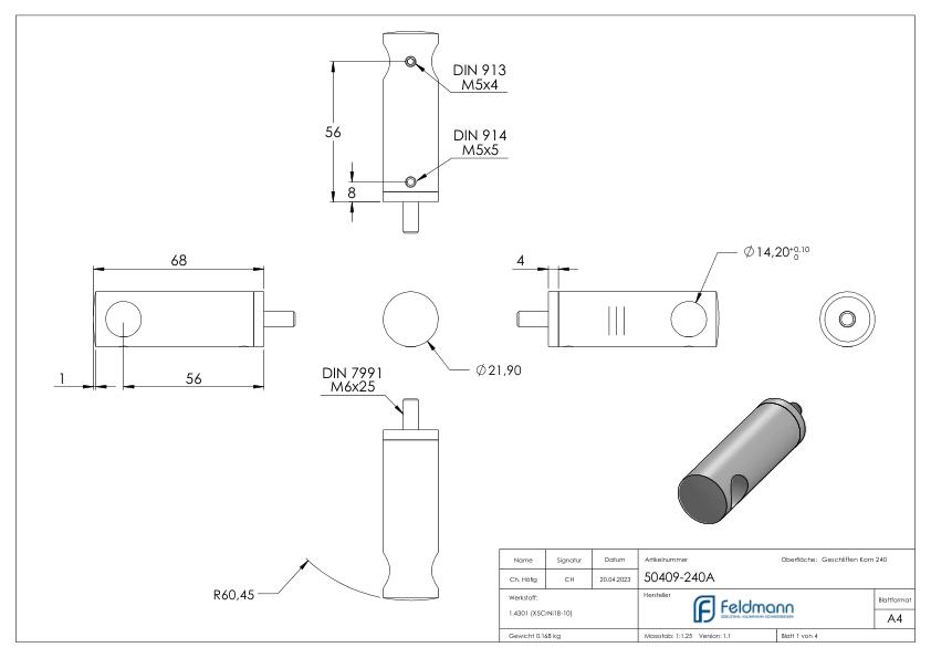Querstabhalter verlängert, mit Durchgangsbohrung für geraden Anschluss, 14,2mm Bohrung, V2A Querstabhalter verlängert, mit Durchgangsbohrung für geraden Anschluss, 14,2mm Bohrung, V2A