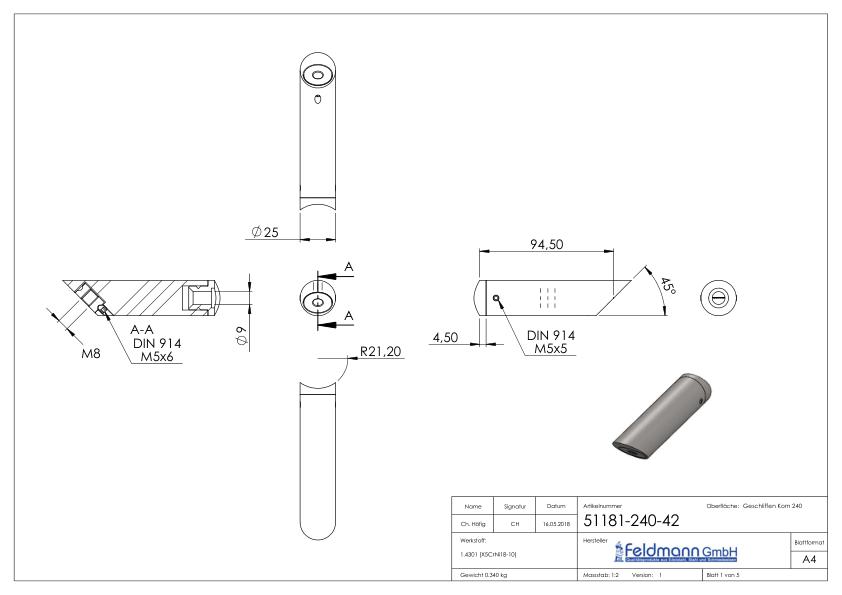 Rohrabstandshalter schräg, für Rohranschluss 42,4mm, V2A