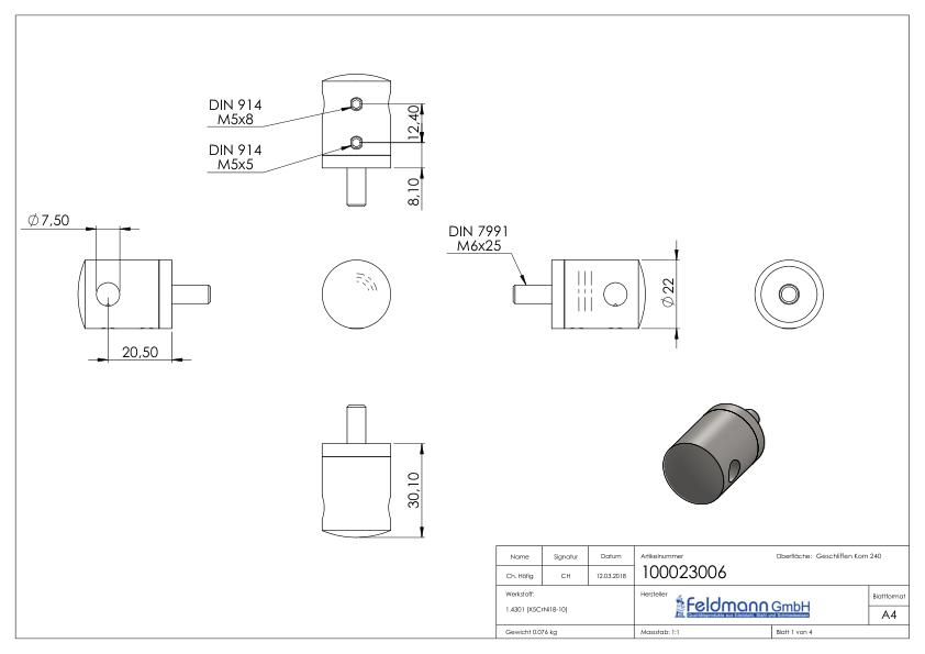 Seilhalter, für 6mm Seil, Anschluss: gerade, V2A