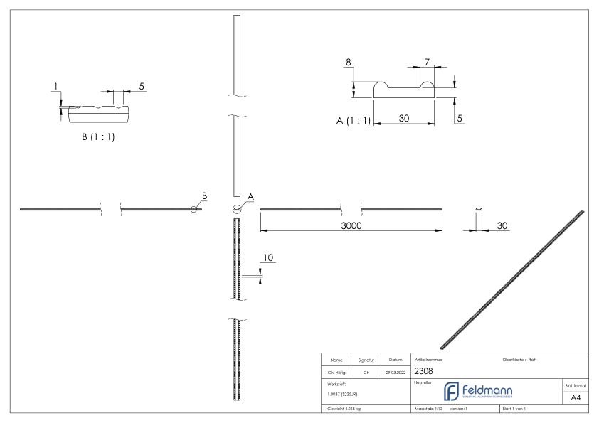 Hespeneisen gerillt 30 x 8 x 4mm; Länge 3m