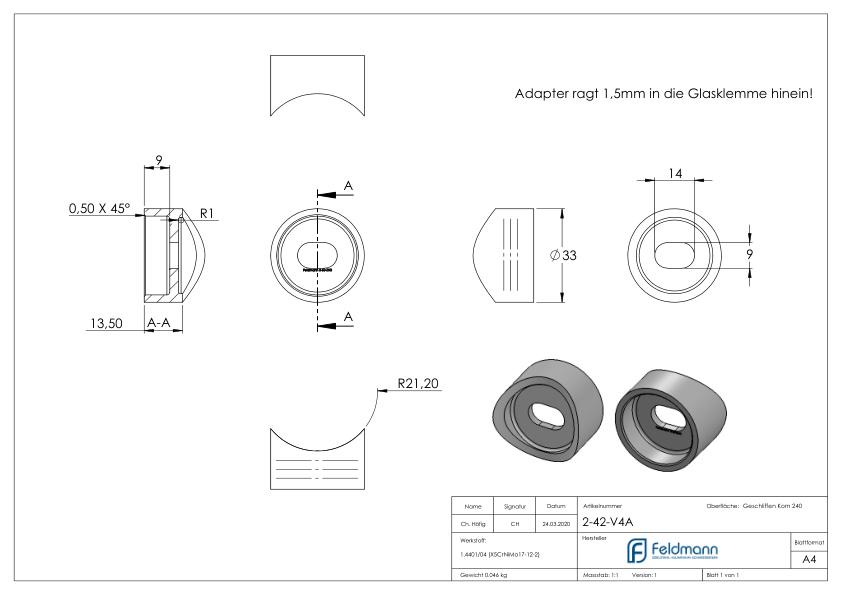Adapterstück, Anschluss 42,4mm, V4A Adapterstück, Anschluss 42,4mm, V4A