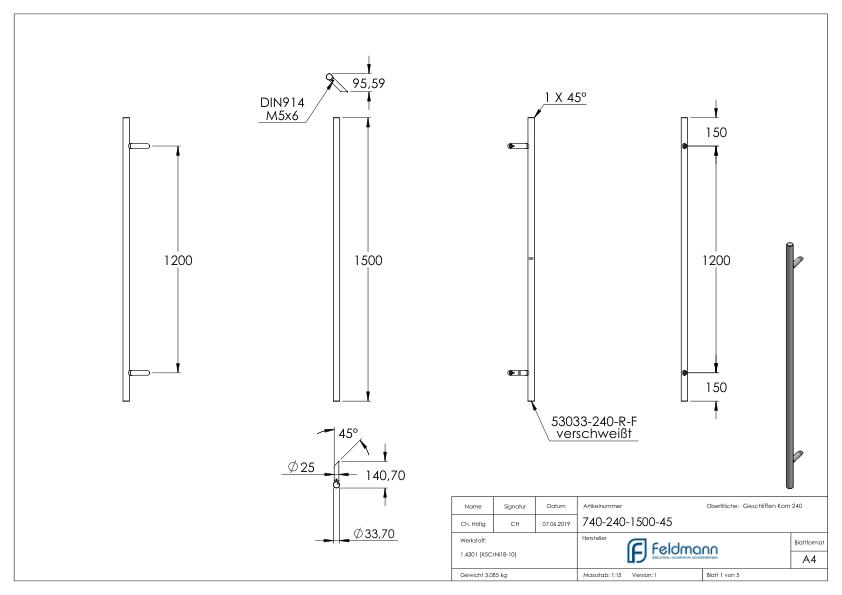 Stoßgriff inkl. Halter mit 45° Schräge 45° mit L: 1500mm, V2A