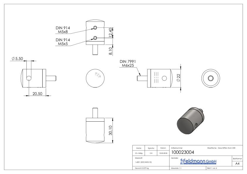 Seilhalter, für 4mm Seil, Anschluss: gerade, V2A