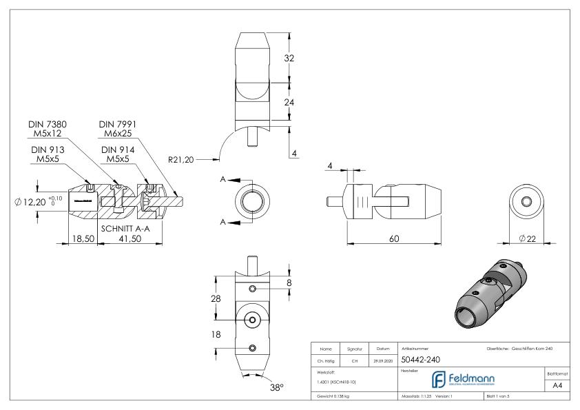Querstabhalter mit Gelenk (zum Stoßen von vorne) 42,4mm Rohr, 12,2mm Bohrung, V2A Querstabhalter mit Gelenk (zum Stoßen von vorne) 42,4mm Rohr, 12,2mm Bohrung, V2A