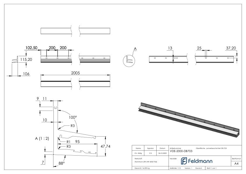 Vordachprofil eleganza canopy, L: 2005mm, DB703 Vordachprofil eleganza canopy, L: 2005mm, DB703