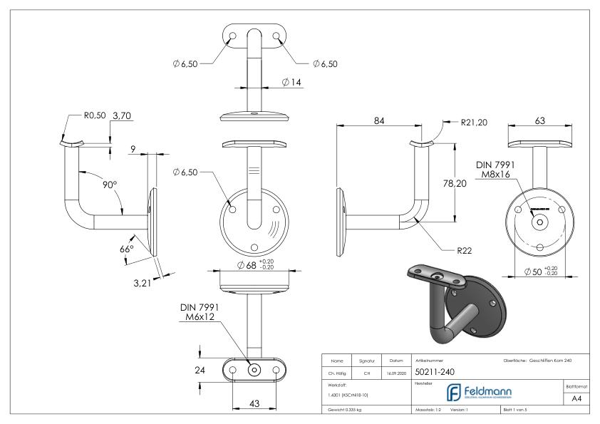 Handlaufhalter mit Handlaufanschlussplatte 42,4mm (Ronde und Bügel verschraubt), V2A
