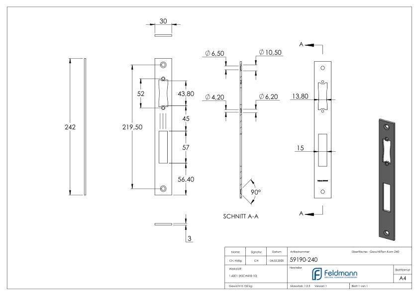 Edelstahlschließblech 242x30x3,0mm, für Abstand 92mm, V2A (1.4301)