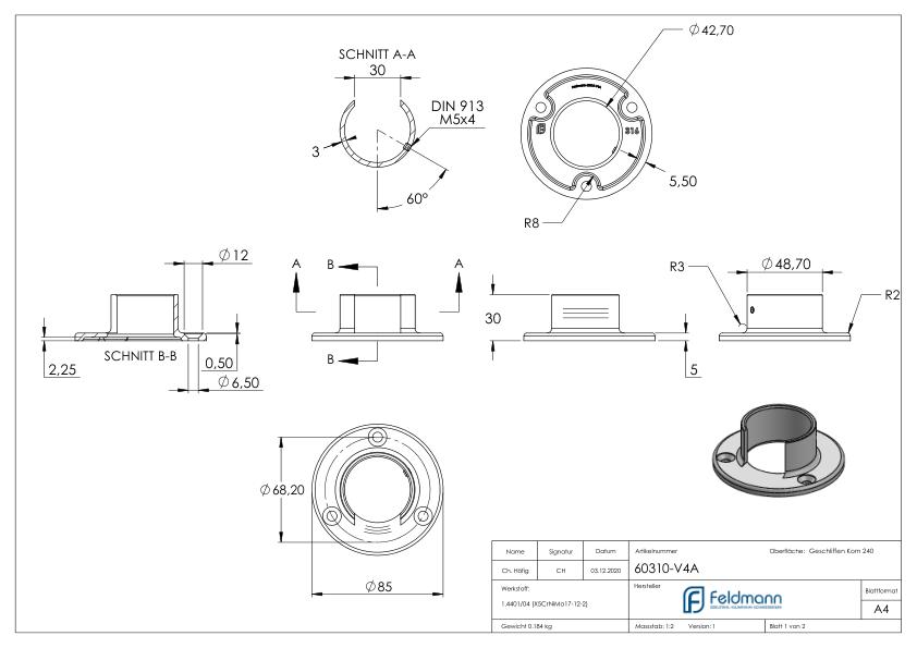 Wandbefestigung für Nutrohr 42,4mm, V4A