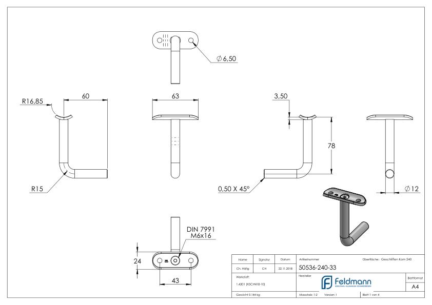 Bügel Ø 12mm mit Handlaufanschlussplatte 33,7mm, V2A